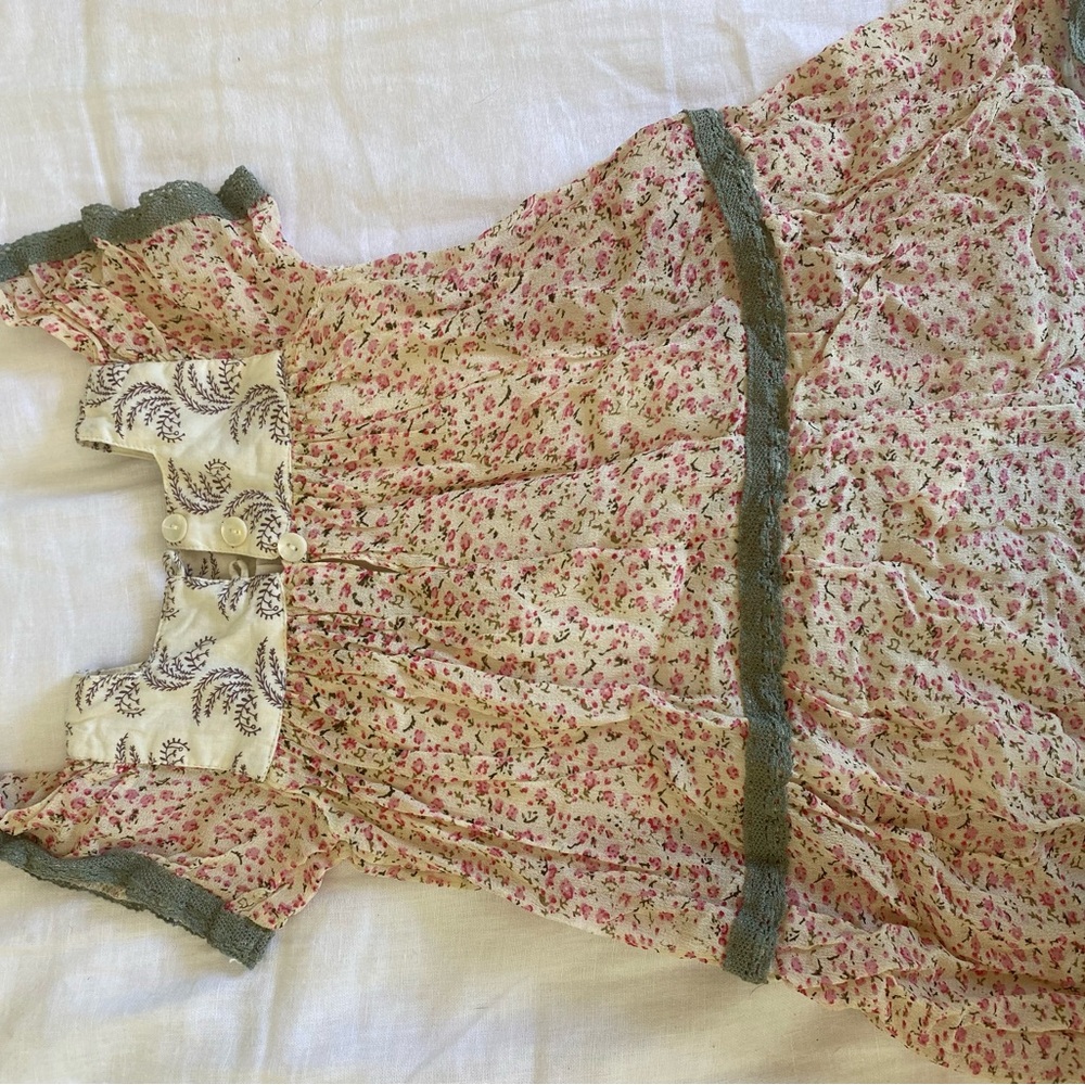 I Love Gorgeous Cream Dress with Pink Floral Print and Olive Trim - Picture 3 of 3